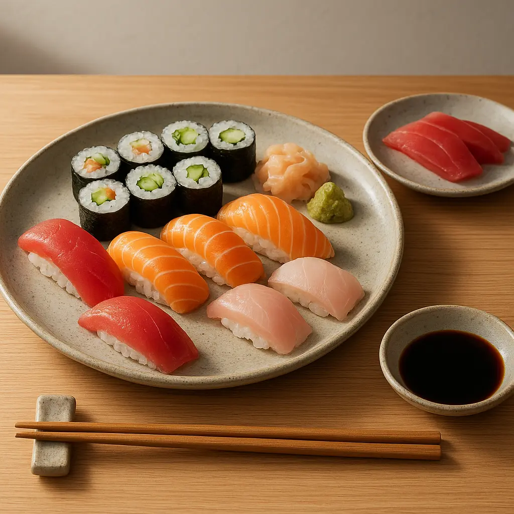 Sushifat med nigiri, maki og sashimi på restaurantbord