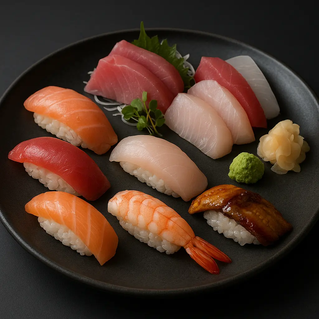 Nigiri- og sashimifat på mørk keramikk